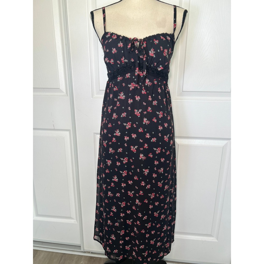 No Boundaries Black Floral Midi Slip Dress Small Smocked Back Cottagecore Boho